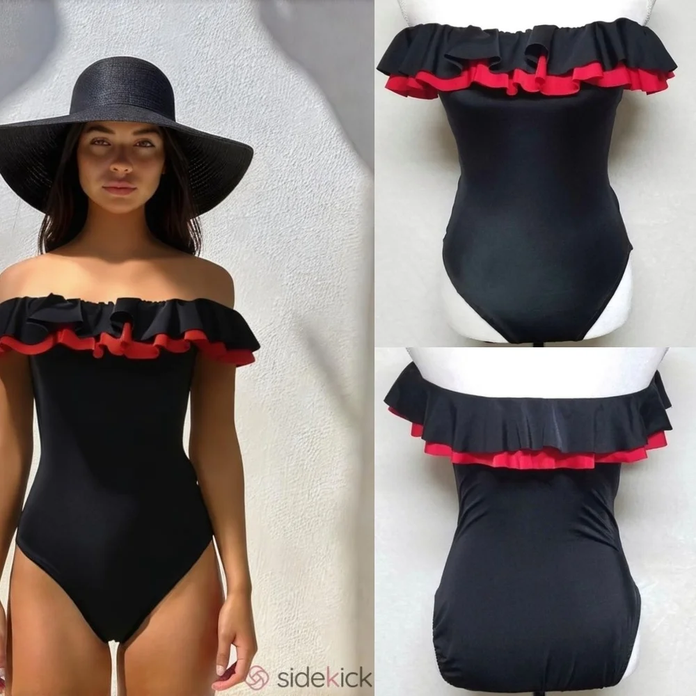 Bill Blass Vintage 70s Black Red Strapless Ruffle Bustier Swimsuit Bodysuit 10